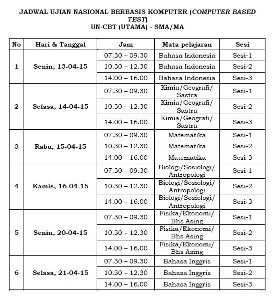 halokampus's tweet photo. Jadwal lengkap UN SMA 2015 computer based test, barangkali ada yg belum punya http://t.co/eMUqbDOD7M