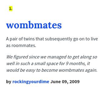 urbandictionary's tweet photo. wombmates - A pair of twins that subsequently go on to live as roommates. - http://t.co/5tVH2XQ1tW http://t.co/A8dN9A1AfI