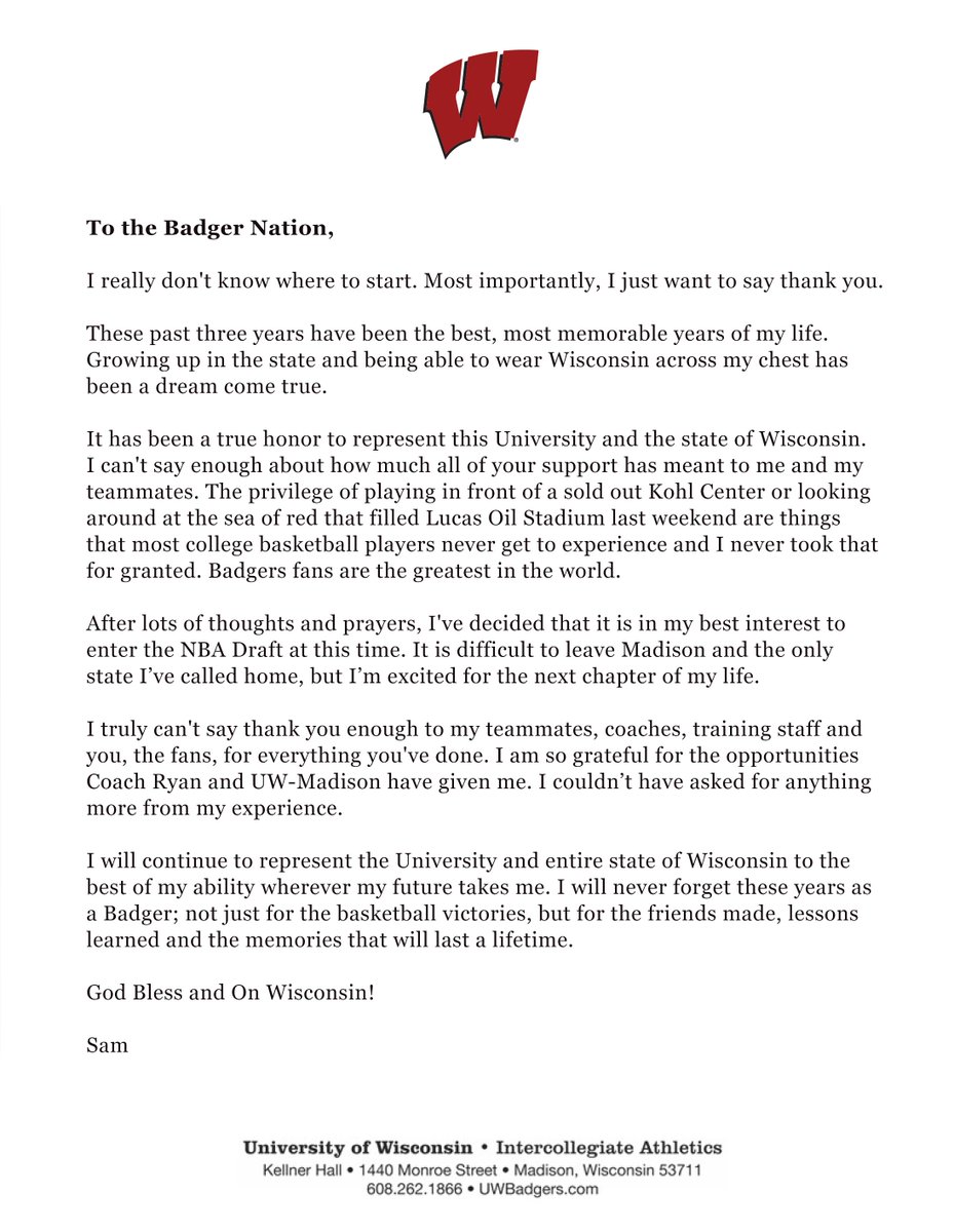 BadgerMBB's tweet image. A letter from Sam @Dekker
#Badgers