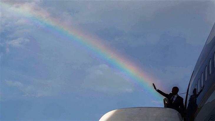 Bipartisanism's tweet image. President #Obama shoots a rainbow out of his hand as he departs from #Jamaica.