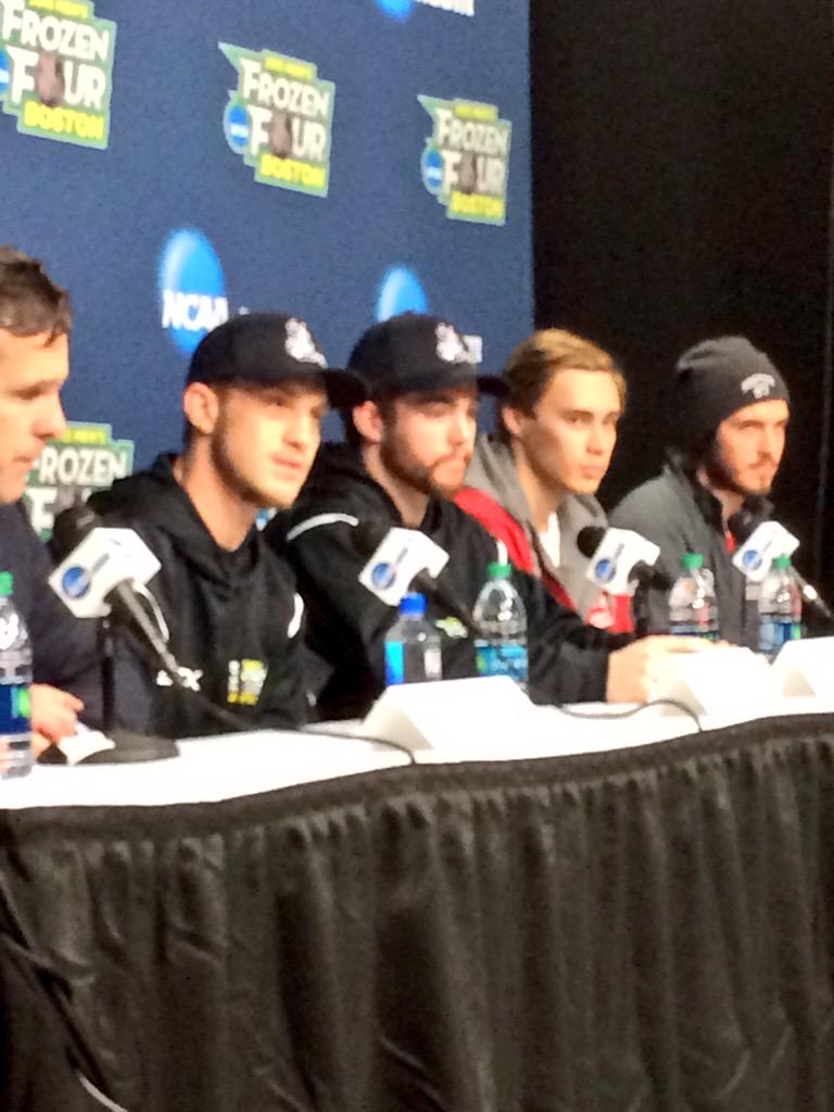 TerrierHockey's tweet photo. "Everybody's a leader, it's been a key to our success" - Matt Lane #GoBU #BUFrozen4 http://t.co/AH9G4IP5qM