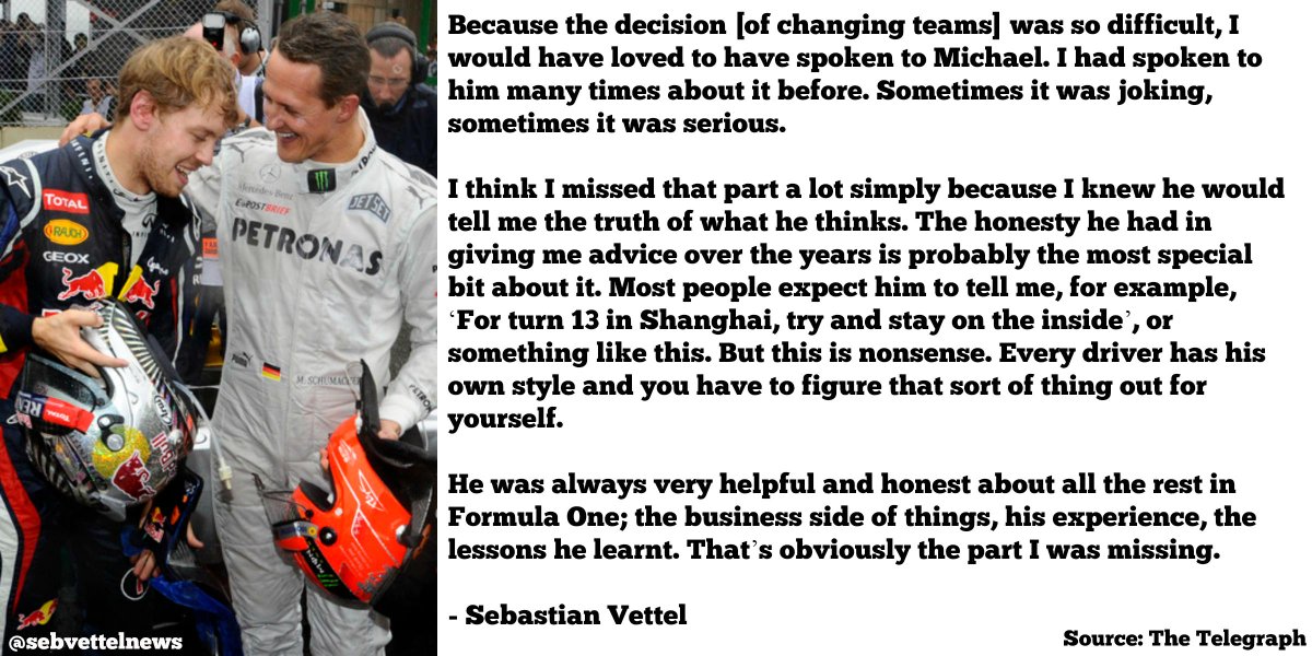 sebvettelnews's tweet photo. Sebastian Vettel "would have loved" to be able to talk to Michael Schumacher about his Ferrari move.
Src: Telegraph http://t.co/2CXY4xzjXZ