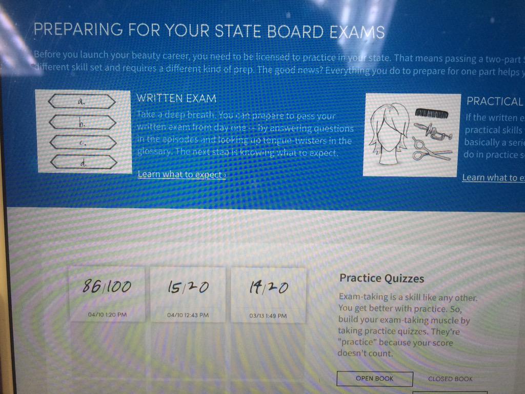 DreaminNTheRain's tweet image. #StudioLuma lets us practice for state board from day 1 and today I got an 86% (open book)!!! Thanks #RegencyBeauty !