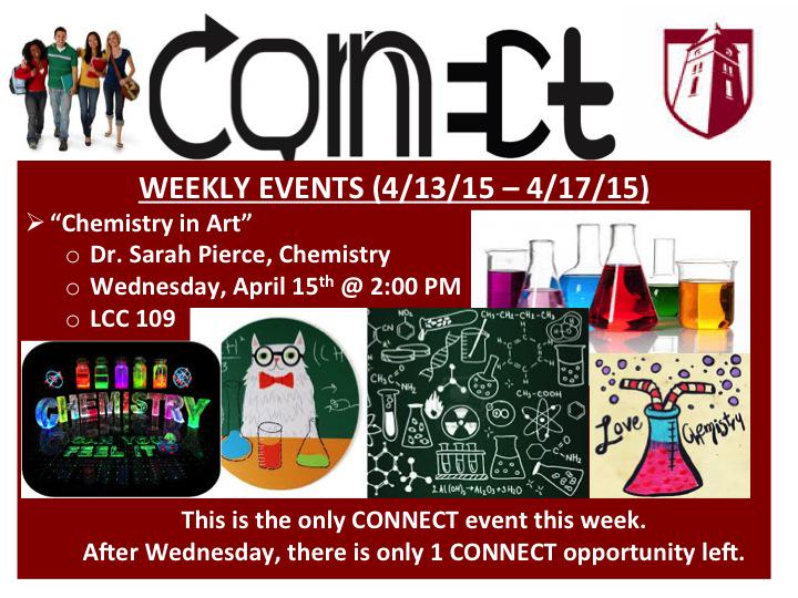 CUCONNECT1's tweet photo. The CONNECT Event "Chemistry in Art" is next Wednesday.  There are only 2 events left!!!  Get your CONNECT points! http://t.co/rIENToSU1a
