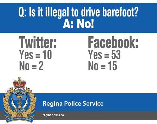 reginapolice's tweet photo. ANSWER to "Is it illegal to drive barefoot?" is NO. #FunFactFriday But do drive safe out there! #yqrtraffic #yqr http://t.co/Wbn7ow2vlF