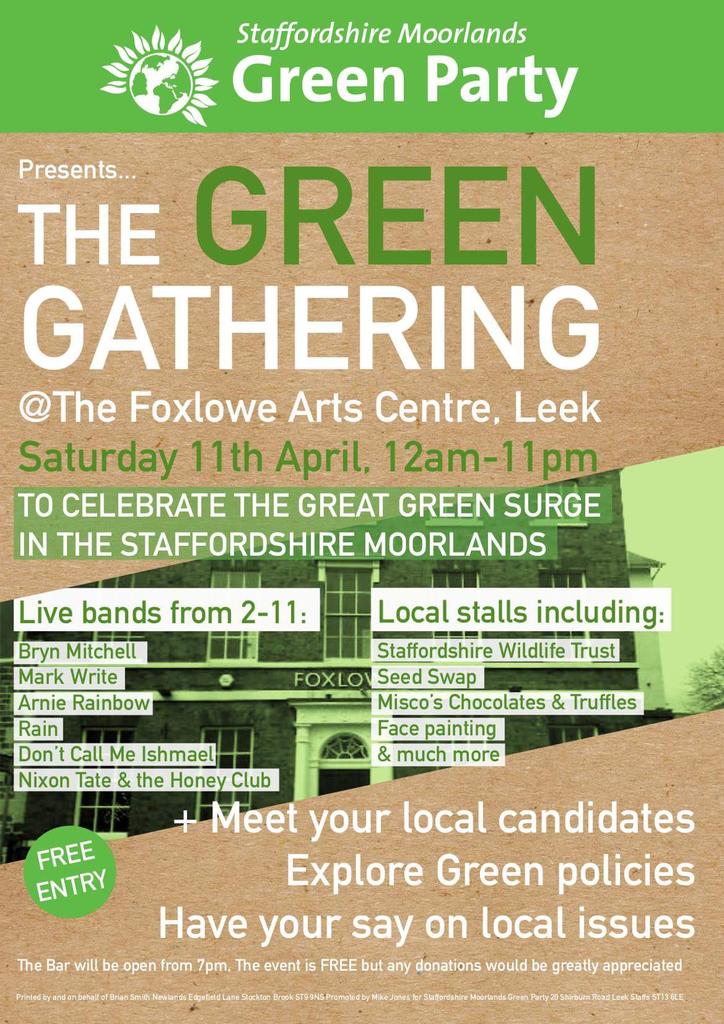 Tomorrow is the <a href="/SMGreenParty/">Moorlands Greens</a> Green Gathering <a href="/FoxloweArts/">Foxlowe Arts Centre</a> Leek ! Live music all day with <a href="/NixonTateMusic/">Nixon Tate Music</a> headline 🌱