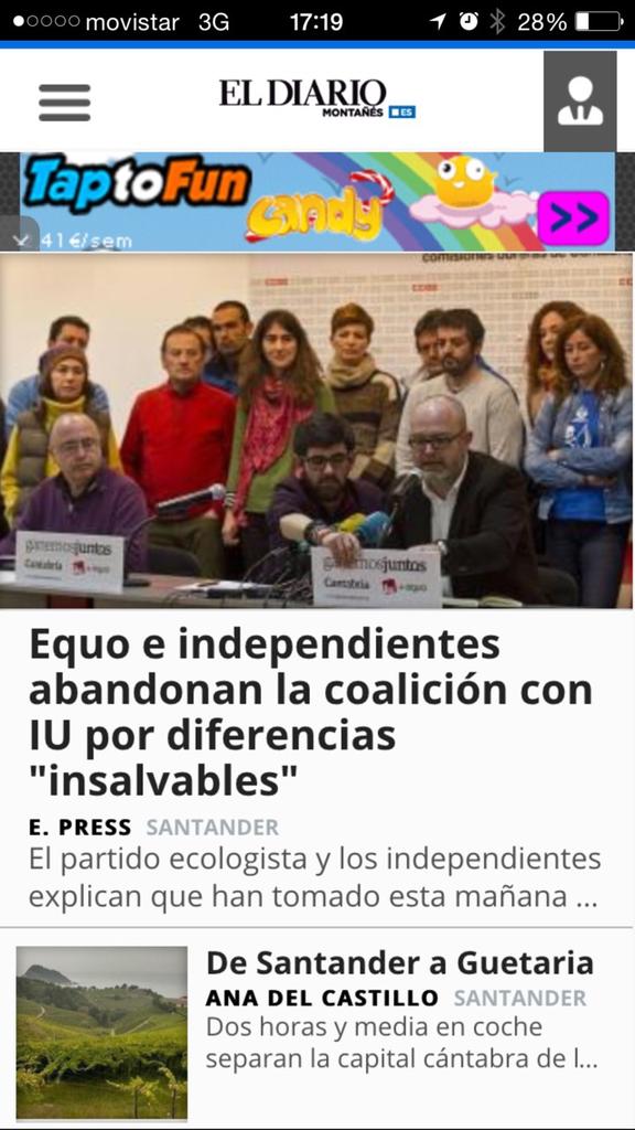 EQUOSantander's tweet photo. @Equo_Cantabria  e independientes abandonan coalición con  @IUCantabria en @ganemosjuntxs. http://t.co/TLJswhT3x3" http://t.co/sv5goZQNDY