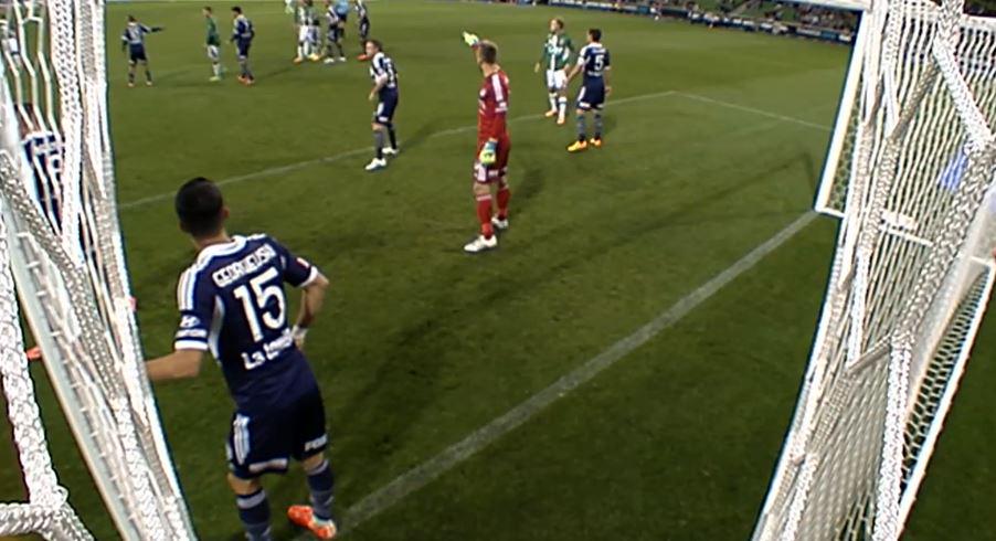Georgievski protects the near post on a corner kick Georgievski protects the near post on a corner kick