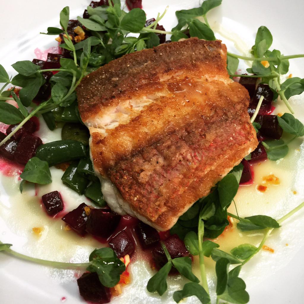 PiedmontDurham's tweet photo. #vermillionsnapper from @localsseafood with @FourLeafFarm pea tendrils, favas, beets and turnip #springmenu http://t.co/tQiMybd9Qw
