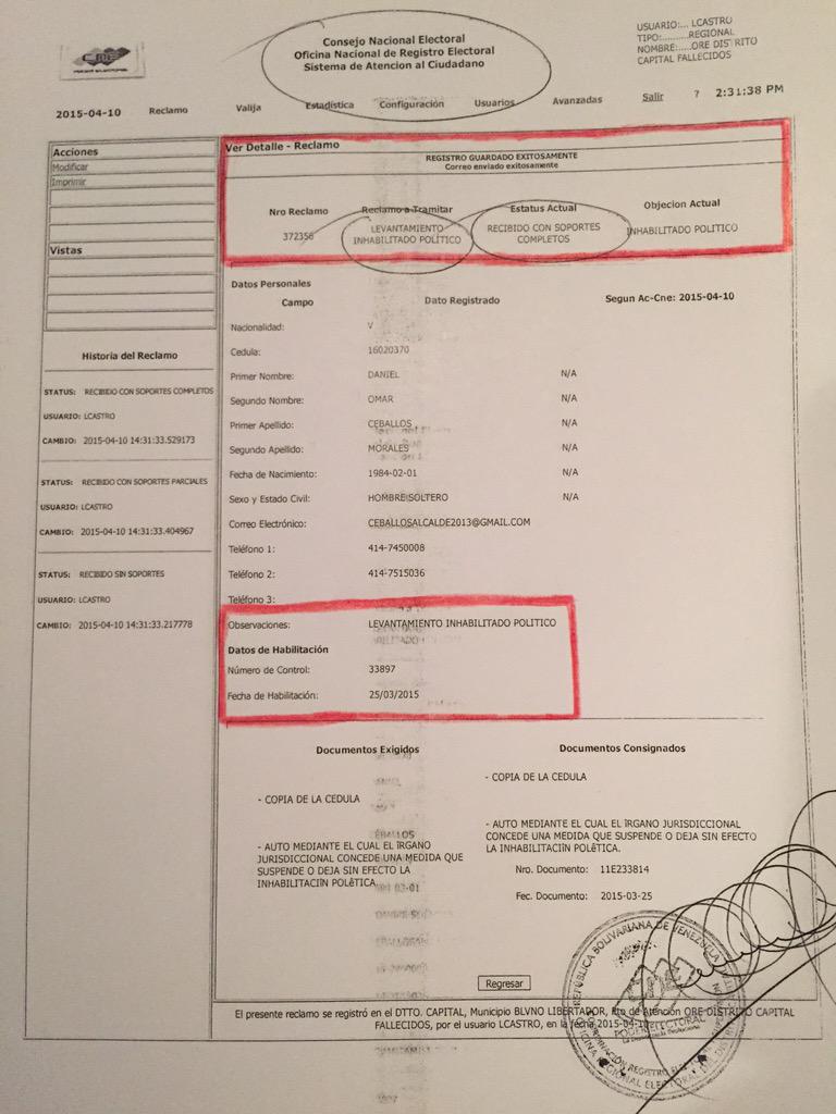 elgochoceballos's tweet photo. Esta es la constancia firmada y sellada hoy en el CNE que demuestra que mi esposo @Daniel_Ceballos esta HABILITADO http://t.co/MpK8FhROUM