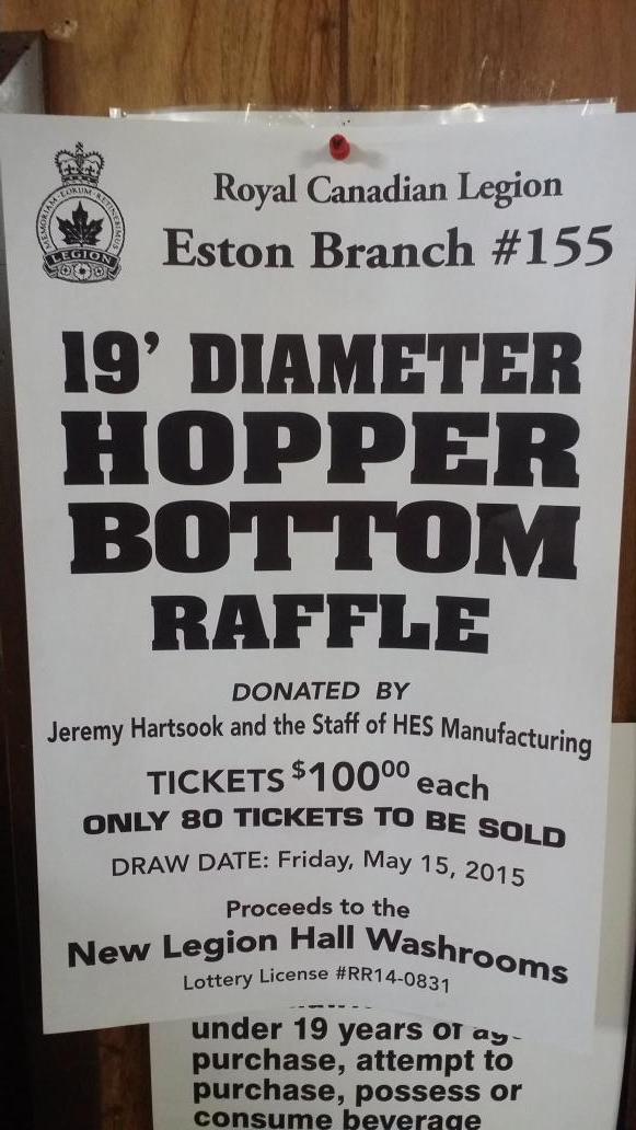 Royal Canadian Legion Eston Branch tickets on a 19' hopper available at the trade show tomorrow. They will go fast!!!