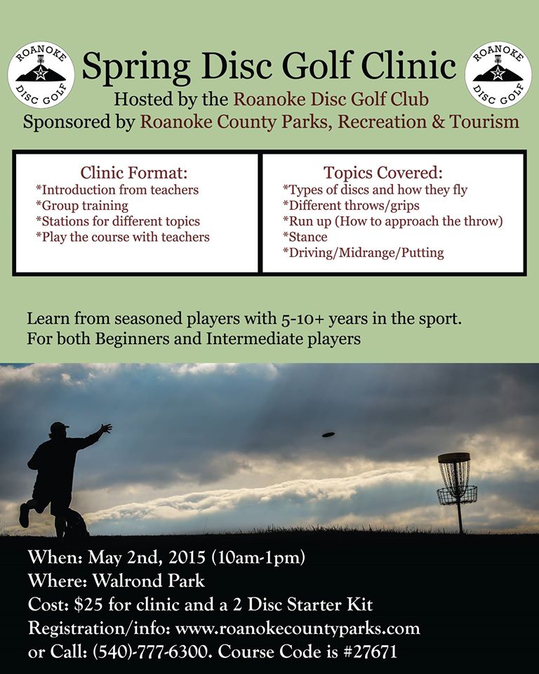 RoanokeDiscGolf's tweet photo. First dg clinic coming up on May 2nd! Register today! http://t.co/X9lZCFJnDe