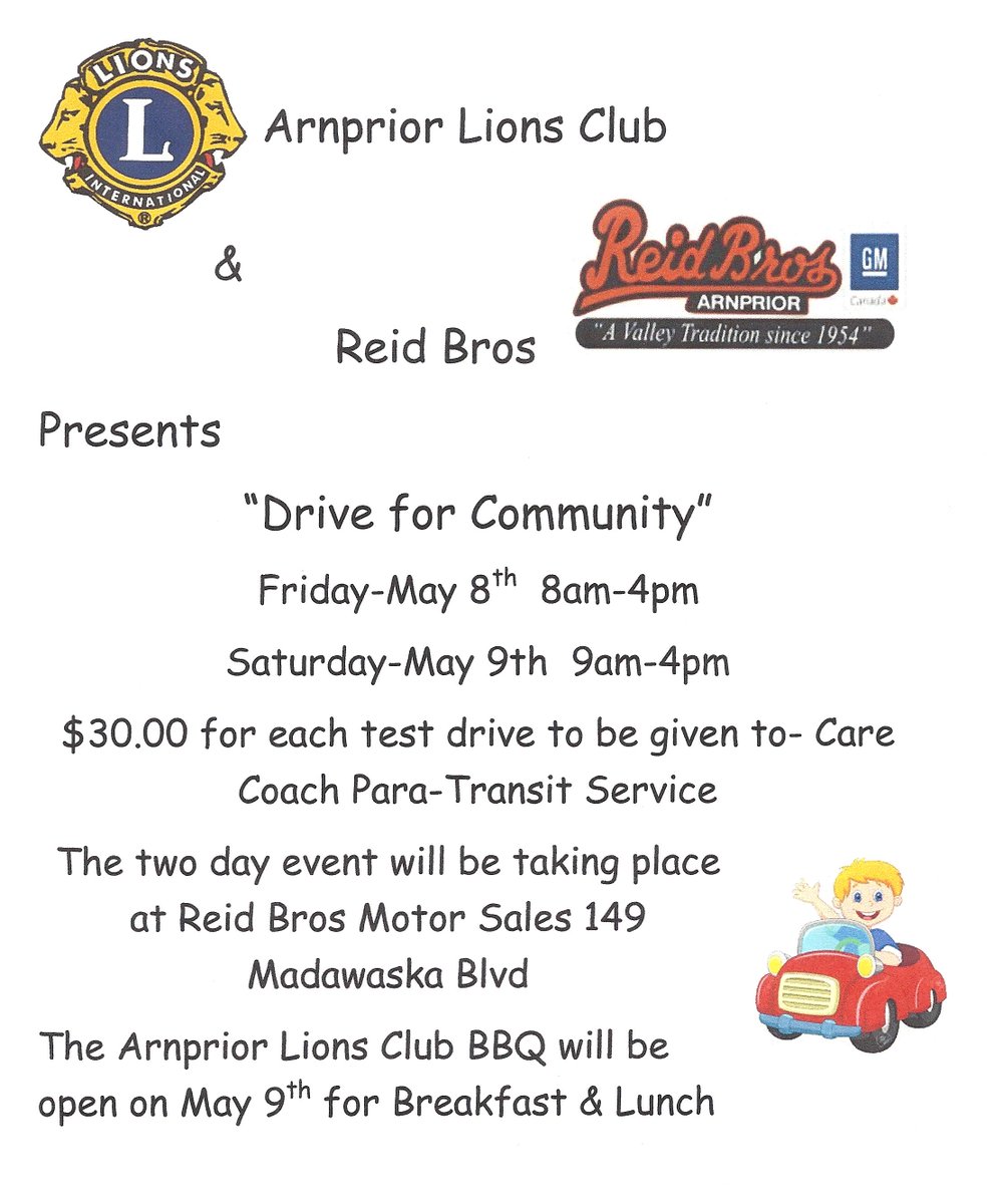 Join us at Reid Bros. Motor Sales in Arnprior on May 8 &amp; 9 for "Drive For Community," a fundraiser for Care Coach.