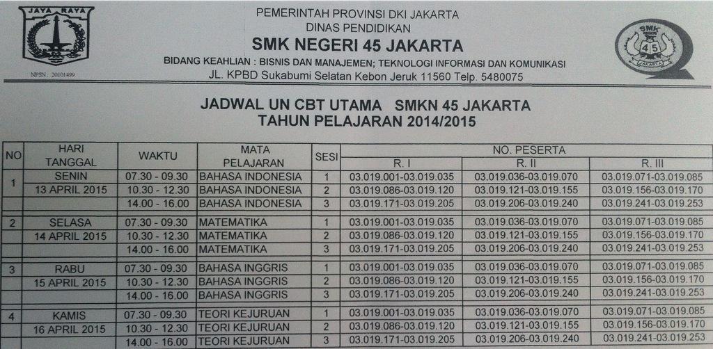 SMKN45Jakarta's tweet photo. Jadwal Ujian Nasional CBT 2015,,, http://t.co/kKMG4v5LYZ