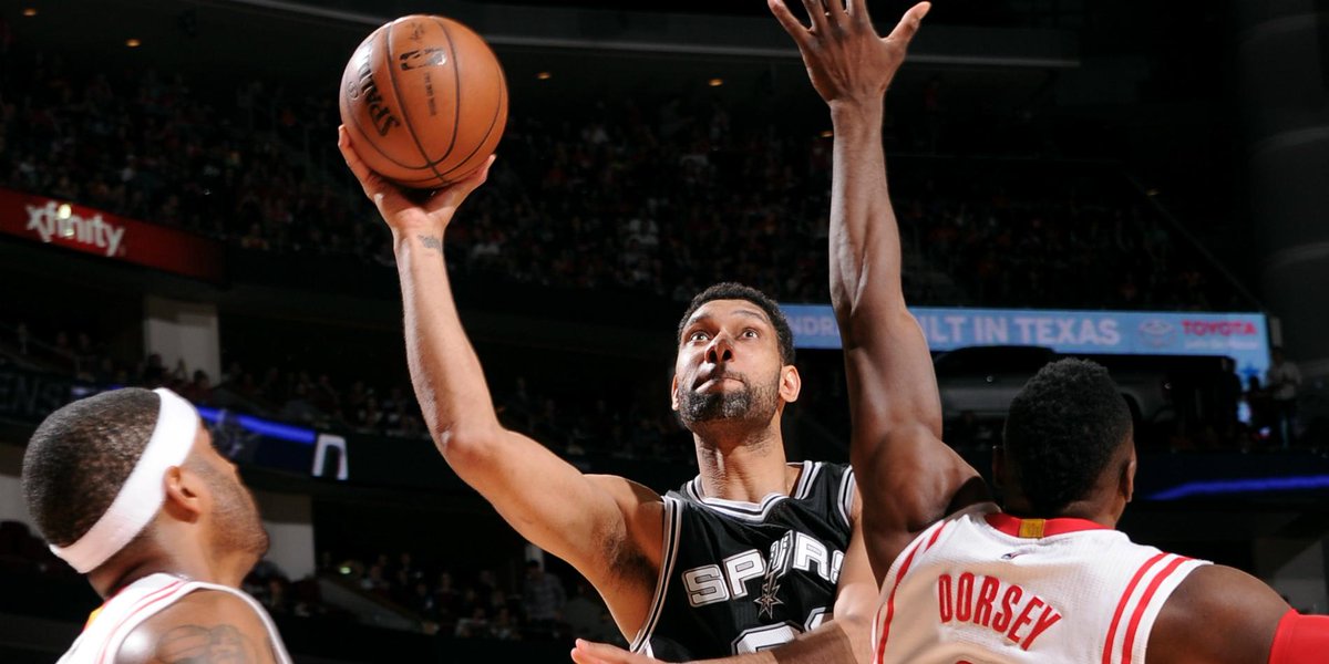 NBAcom's tweet photo. Tim Duncan gets 29 &amp; 9, plus a game-winning block, to lead @Spurs past Rockets, 104-103: http://t.co/WGZA8MQyQ5 #NBA http://t.co/lUM2pjozYq