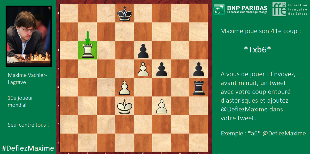 DefiezMaxime's tweet photo. Sans surprise, Maxime joue *Txb6*. Faut-il défendre le ,pion e6 ou contre-attaquer avec votre tour ? #DefiezMaxime http://t.co/5SOHsttxvi