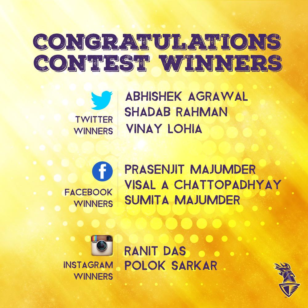 KKRiders's tweet photo. Congratulations to all our contest winners. You win two tickets for today's #KKRvRCB match! #KKRContest #Go4More http://t.co/foI2E9F6xv