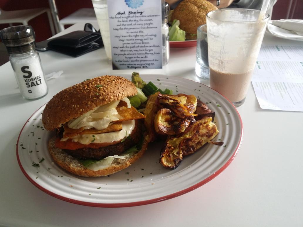 Vegan bacon and cheese burger with chocolate milkshake.that is all. GREEN SIDE CAFE #vegan #bekind