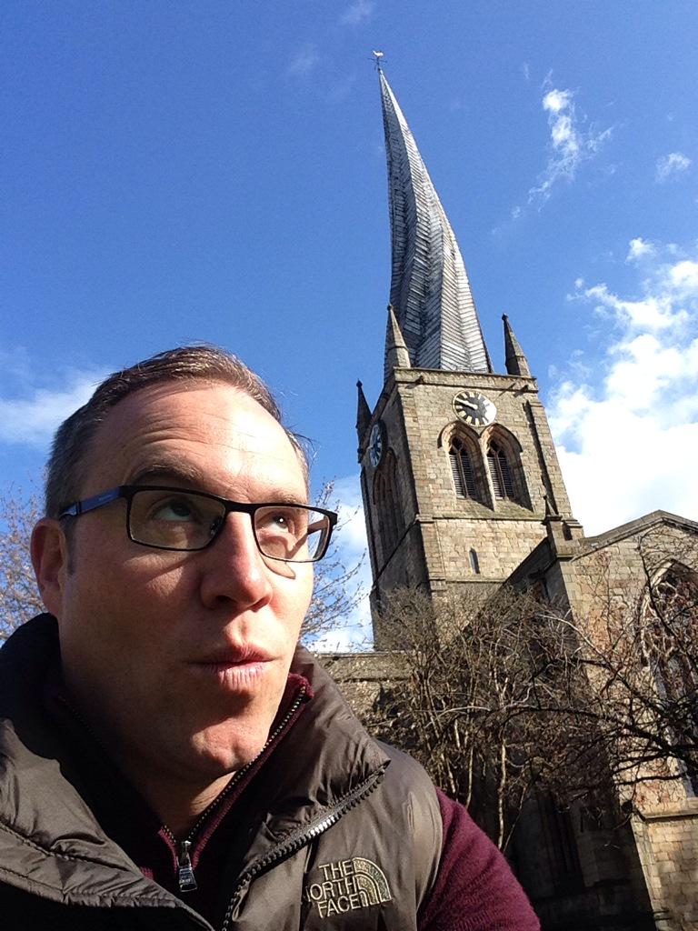 ChrisPizzey's tweet photo. 2 shows in Chesterfield today!! Found the crooked spire on my way for a bacon butty! #mrstephen @realbasilbrush http://t.co/defjwPQe7V