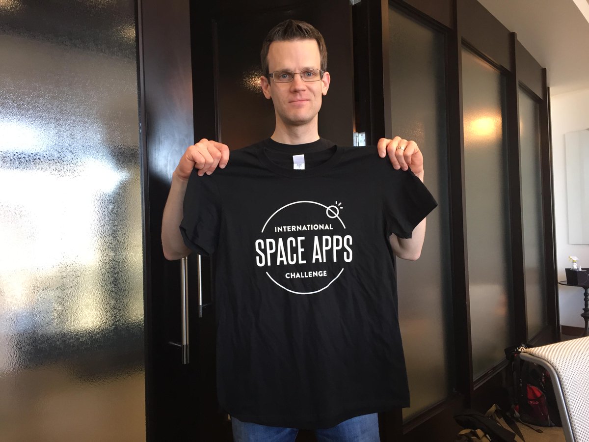 SpaceAppsIndy's tweet photo. Just one of our many weekend hosts showing off our t-shirts! Thanks for all your work @jeremy_jarvis! #spaceapps http://t.co/IcKNydI3mj