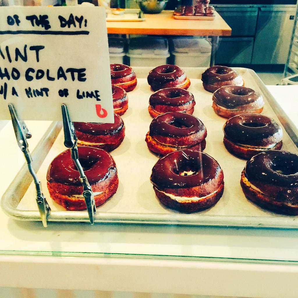 Mint &amp; chocolate donuts with a hint of lime for today. YUM!