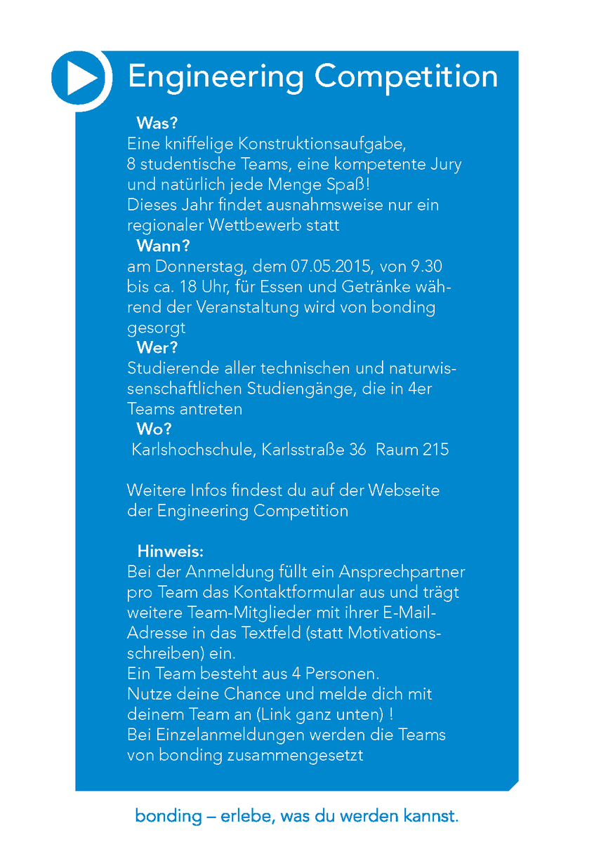 Mach mit bei der bonding Engineering Competition am 7.Mai 2015 in Karlsruhe Jetzt Anmelden: bit.ly/1AC6VBv