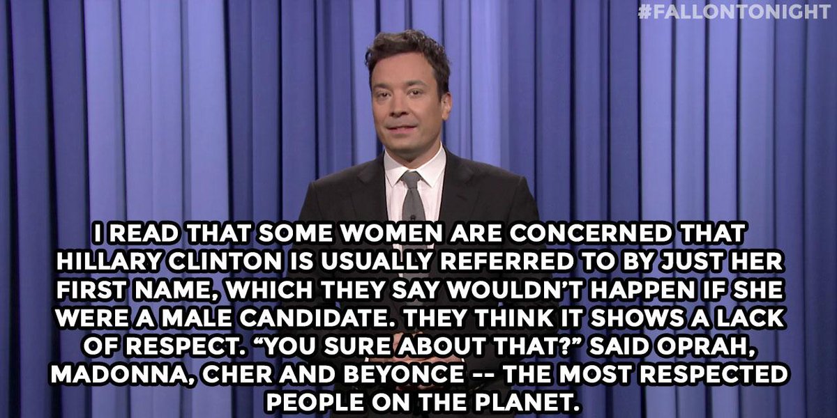 FallonTonight's tweet image. "I read that some women are concerned that Hillary Clinton is usually referred to by just..." nbc.com/the-tonight-sh…
