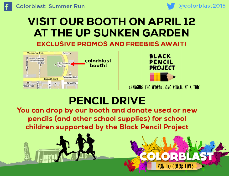 colorblast2015's tweet photo. Check out Colorblast's booth on April 12 (Sunday) from 6-8am and 4-6pm at the UP Sunken Garden! See you! http://t.co/vyX6o7a36Z