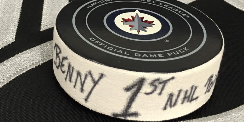 NHLFlames's tweet photo. The puck from @SBennett93's 1st @NHL point! #CGYvsWPG http://t.co/QwPEhc2rRv