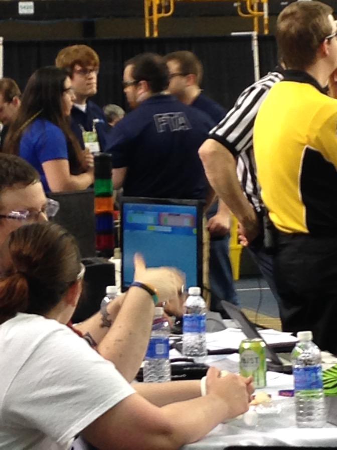 FRC708's tweet photo. Talking to our #dearFTA once again before the second finals match. #dearFieldSupervisor #BrianForTheWin #OMGRobots http://t.co/4ZxzBdLu9j