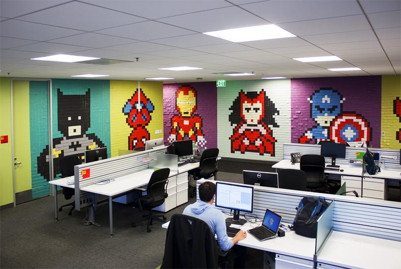 MartinOrton's tweet image. Office workers install 8-bit superhero mural using 8,024 sticky notes bit.ly/1z6UPhd #GraphicDesign #Design