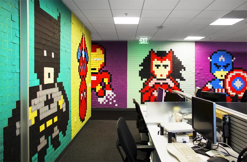 MartinOrton's tweet image. Office workers install 8-bit superhero mural using 8,024 sticky notes bit.ly/1z6UPhd #GraphicDesign #Design