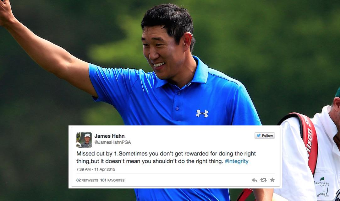 BleacherReport's tweet photo. Golfer James Hahn called a 1-stroke penalty on himself at the #Masters2015, missed cut by 1 http://t.co/S3kj1DPHMw http://t.co/qJS536e9wa