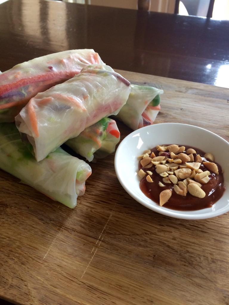 Lunch today are super healthy veggie rice paper rolls! W organic hoisin and crushed peanuts - yum! #veg #ricepaper