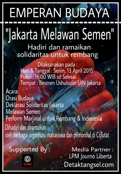 Ngemper lagi yuk bareng <a href="/EmperanBudaya/">emperan budaya</a> Senin, 13/4/15 jam 4 sore di Basement Ushuluddin UIN JKT buat lawan semen