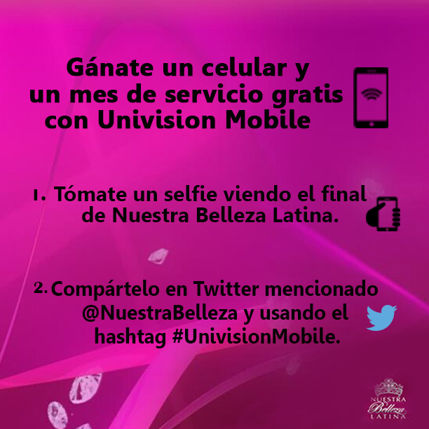 Univision's tweet photo. Tweet your selfie, tonight during @NuestraBelleza Latina &amp; you could win a free phone 📷👑 #UnivisionMobile http://t.co/TgFYgWzMrG