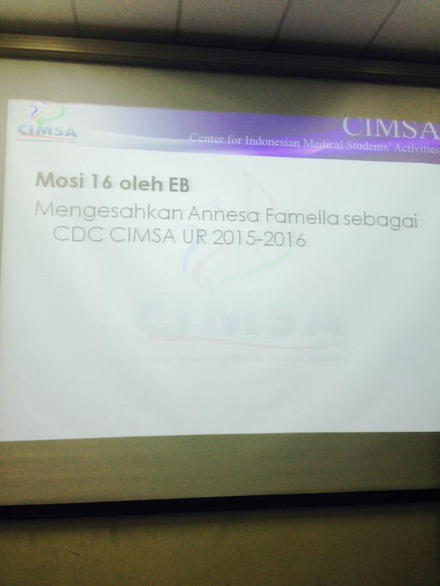 CimsaUR's tweet photo. Selamat kepada @annefamel sebagai CDC CIMSA UR 2015-2016🎉👏 semoga amanah 👼 http://t.co/LMUn1TluTo