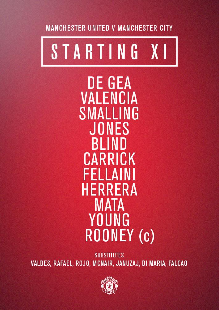 Manchester United no Twitter: "United XI: De Gea, Valencia, Smalling,  Jones, Blind, Carrick, Fellaini, Herrera, Mata, Young, Rooney. #mufclive  http://t.co/vqxMoLq0J8" / Twitter