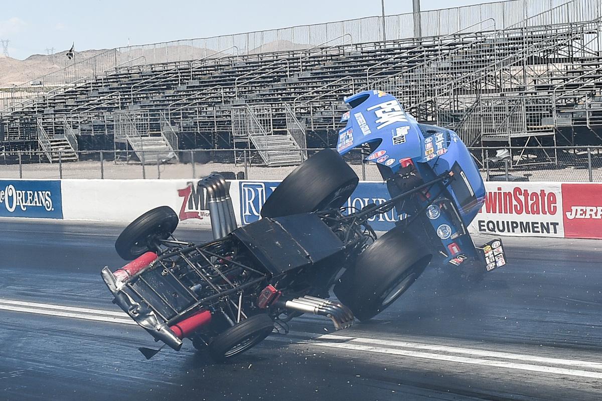 Jay Payne in crazy crash <a href="/LVMSStrip/">The Strip at LVMS</a> where he hit the Christmas tree during NHRA Div. 7 event! (Bob Johnson photos)