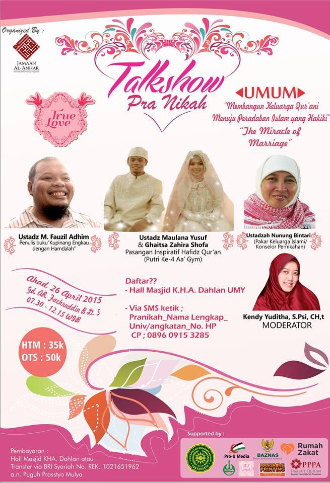 EsRahmalia's tweet photo. @JogjaStudent @UMYogya @InfoSeJogja |Talkshow pranikah|The Miracle of Marriage|26 April|Gaitsa Zahira&amp;Maulana Yusuf http://t.co/6BWhEKoavz