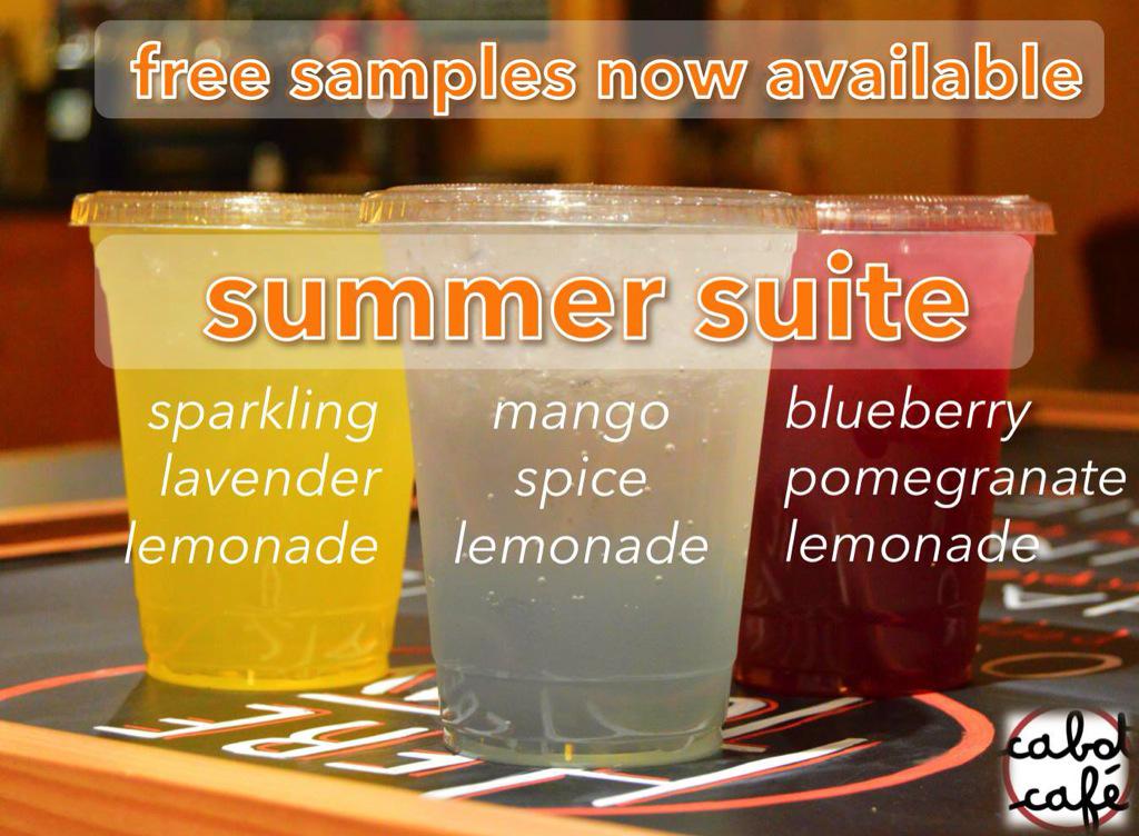 CabotCafe's tweet photo. free samples of our new summer suite drinks, now and continuing all week! 
#SummerSuiteSuperSweet http://t.co/cjRvRr5Ss9