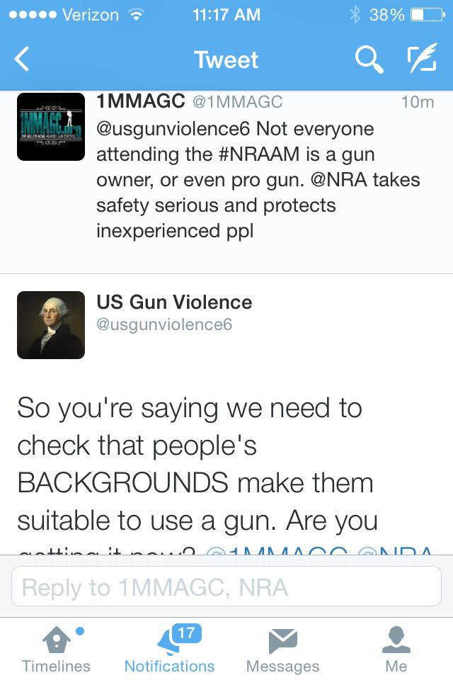 See <a href="/NRA/">NRA</a> extremist <a href="/1MMAGC/">1MMAGC</a> accidentally argue in FAVOR of bgd checks bit.ly/1aWawSX #p2 #2a #gunsense  ,