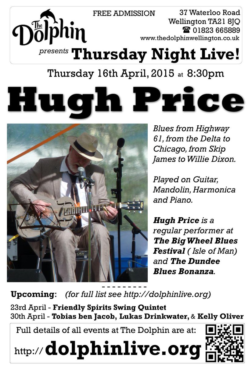 This Thu 16th April 8:30pm HUGH PRICE Blues #ThursdayNightLive! facebook.com/events/1453087… <a href="/AroundWelly/">Around Wellington</a> <a href="/Giles_Adams/">What's On Somerset</a>