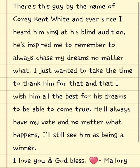 SMC_Country's tweet photo. I tried...maybe next time can be better.
Thanks for everything you do @CoreyKentWhite! #CKWhiteout #voteforcorey http://t.co/Y5VQKHVqaU