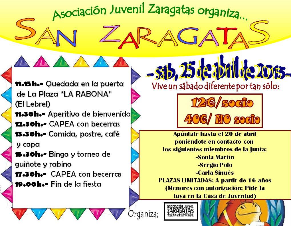 AsoJuvZaragatas's tweet photo. ¡¡Zaragater@s!! Tenemos buenas noticias, capea el 25 de abril. PLAZAS LIMITADAS. ¡Os dejamos el cartel! #SanZaragatas http://t.co/ygMKvJ8XQK