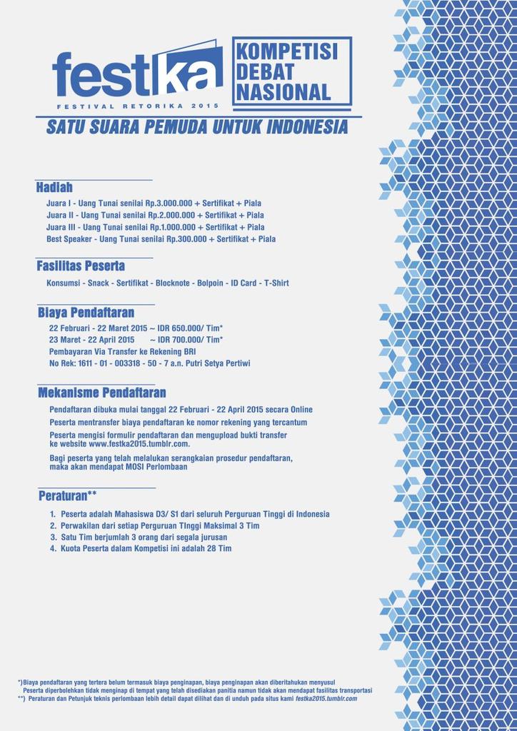 KOMPETISI DEBAT MAHASISWA NASIONAL @festka2015 22 - 24 MEI 2015. 700K/tim(3org) CP: Hikmah 089676242629 #festka2015
