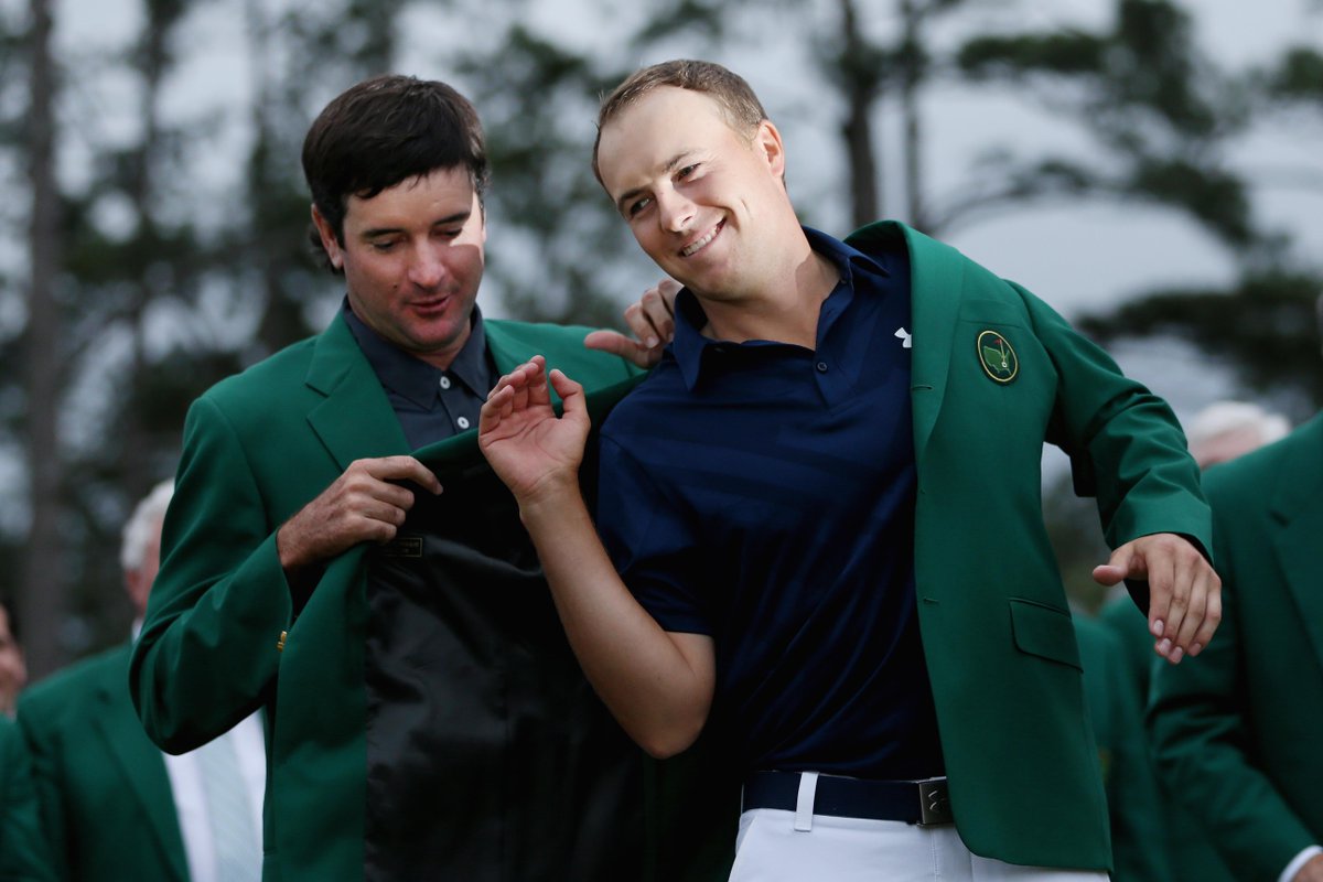SportsCenter's tweet photo. Jordan Spieth caps historic Masters run by donning the iconic green jacket at Augusta. http://t.co/aqREWBWLWp