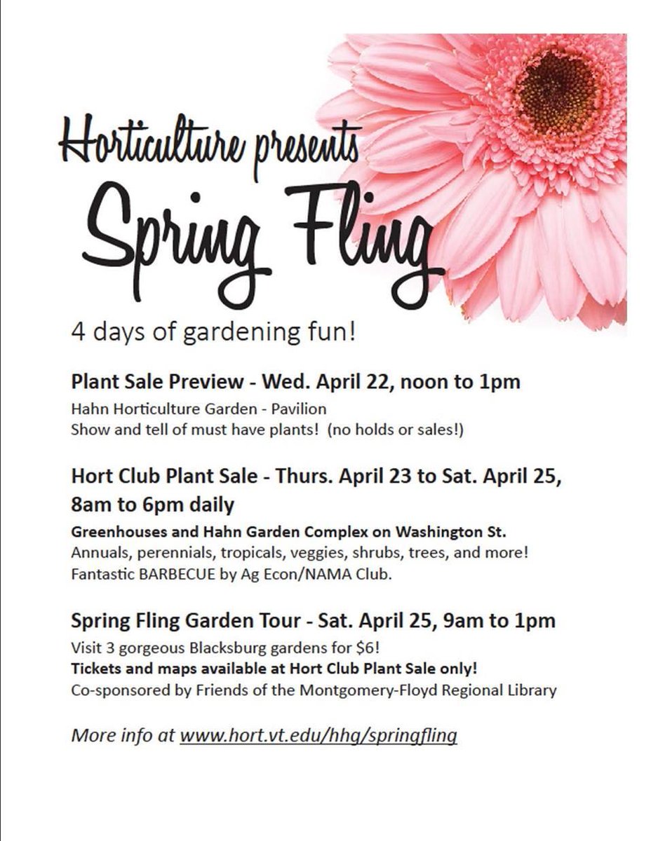 im_a_hokie's tweet photo. Remember the #Horticulture Spring Fling April 22-25. Great plant sale &amp; Garden Tour!! @VTHahnGarden @NRVGardenTour http://t.co/5TUNbBlhwl