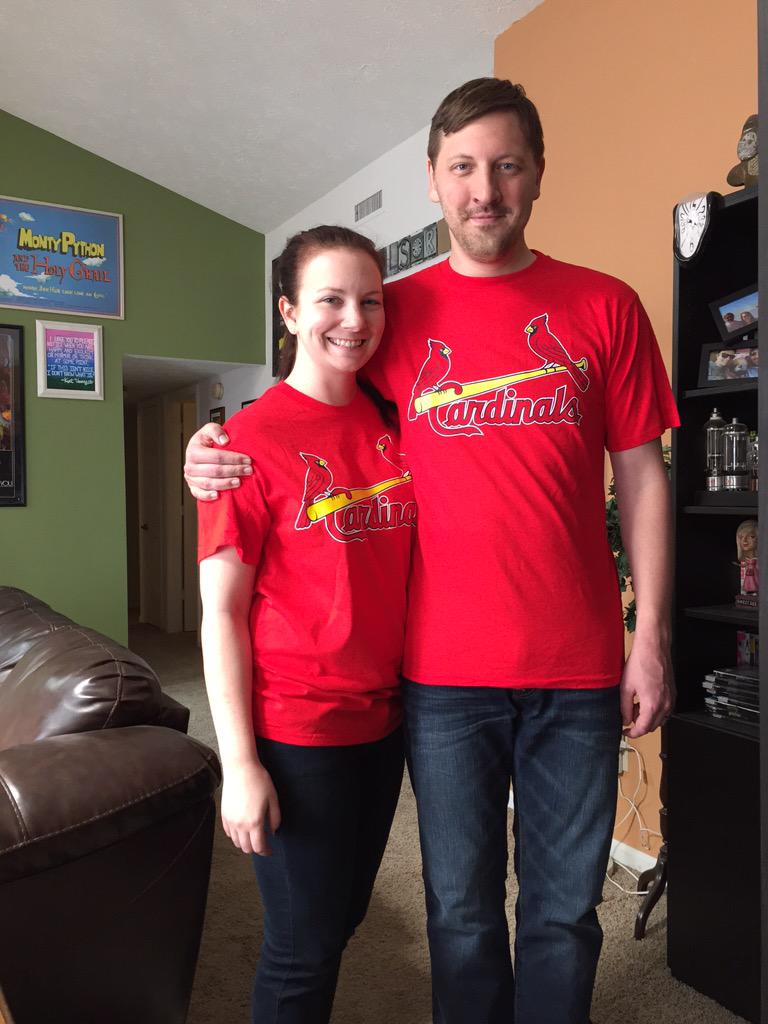 TheDougSam's tweet photo. Hey @TheCatOnFox look for newly weds @MattPAlt1033 & @MegSam23 behind green seats at tomorrow's opener. #stlfanphoto http://t.co/yvMK6SFD7u