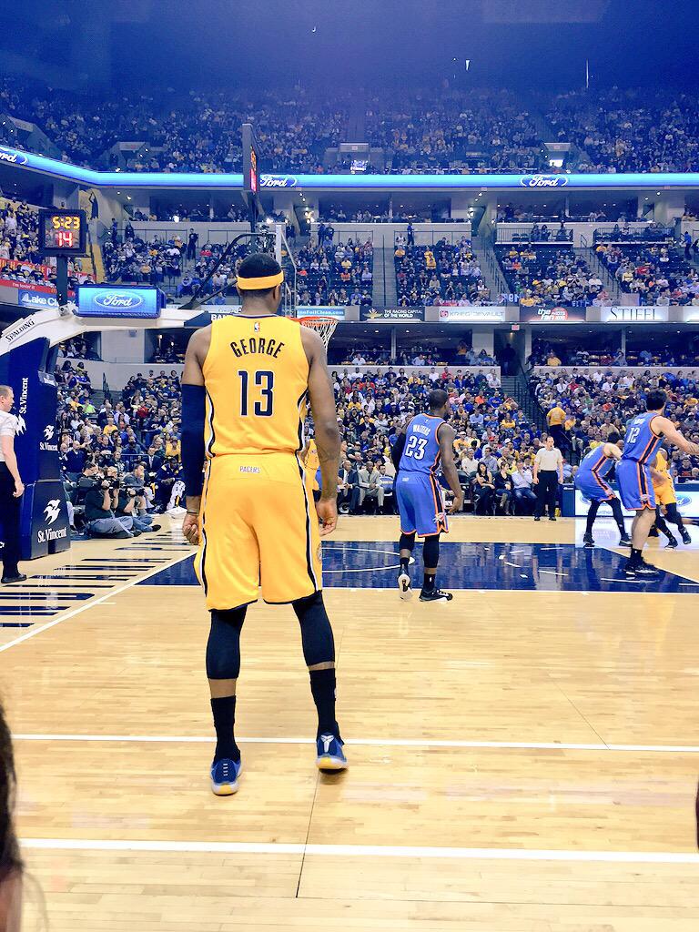 jedwardbecker's tweet photo. Awesome to see @Yg_Trece back on the floor with the @Pacers tonight! #WelcomeBackPG http://t.co/K5fj8jiEHw